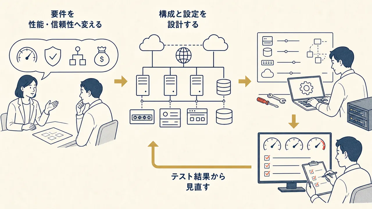 顧客要望を性能・信頼性などの要件へ変え、構成と設定を設計し、構築後のテストから見直す流れ