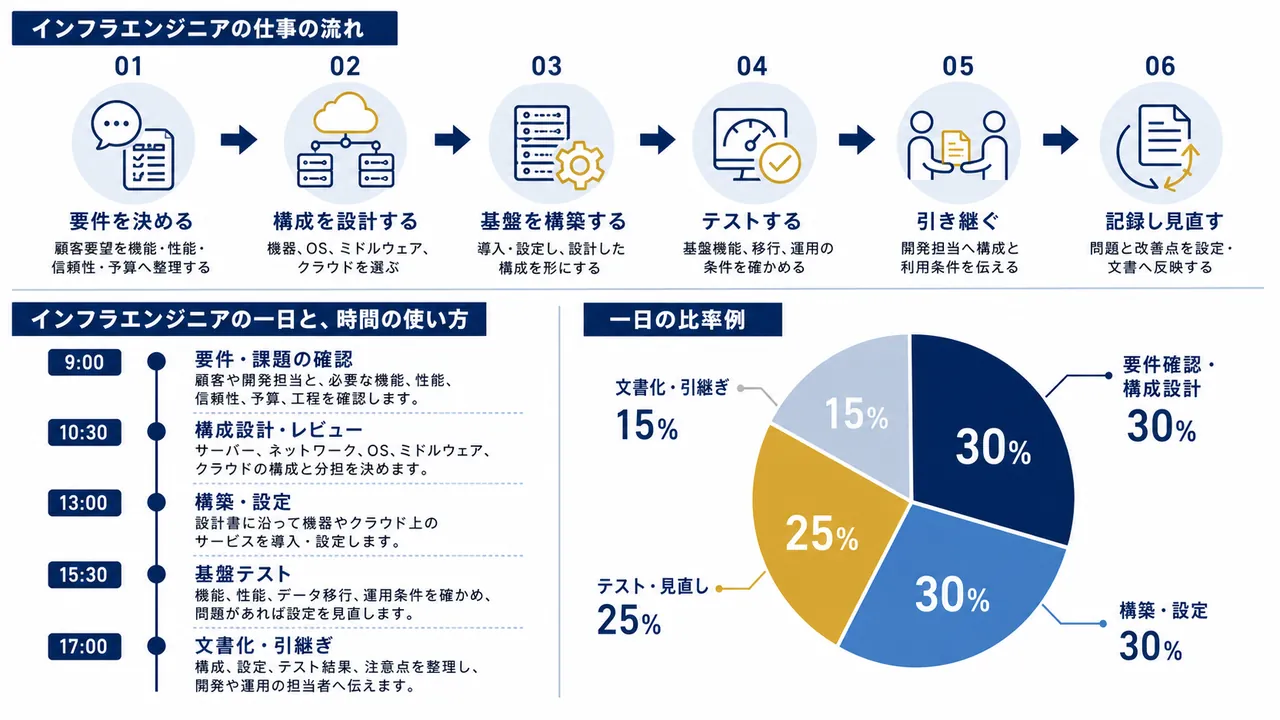 インフラエンジニアが要件を確認し、基盤を設計・構築してテストし、文書とともに引き継ぐ流れ
