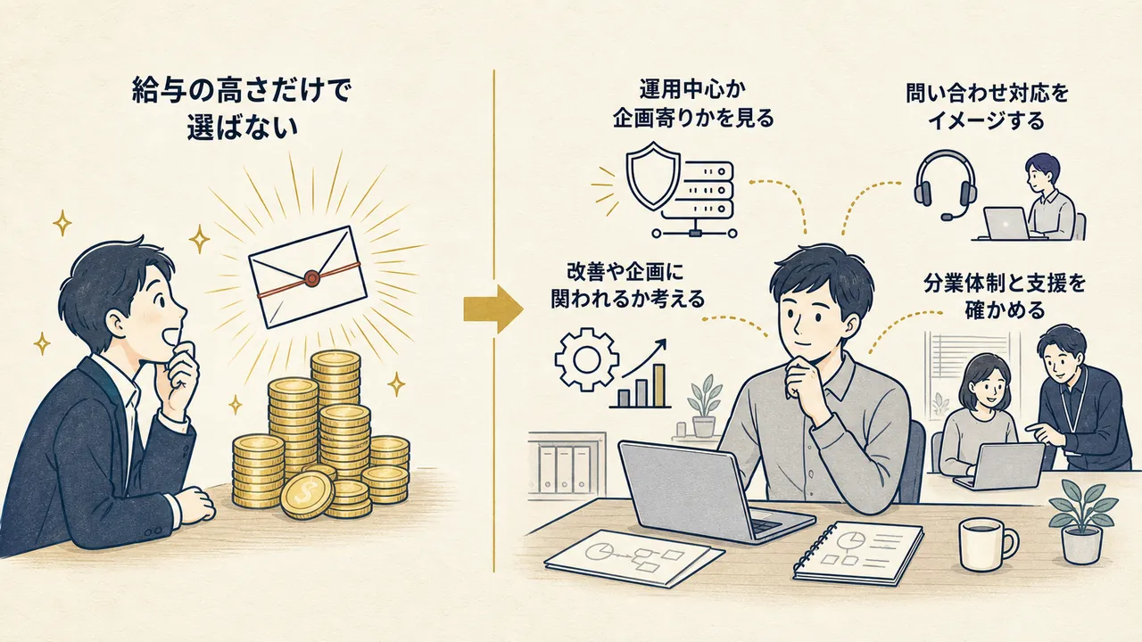 給与だけで選ぶ場合と、担当領域・分業体制・支援まで確かめて選ぶ場合の対比