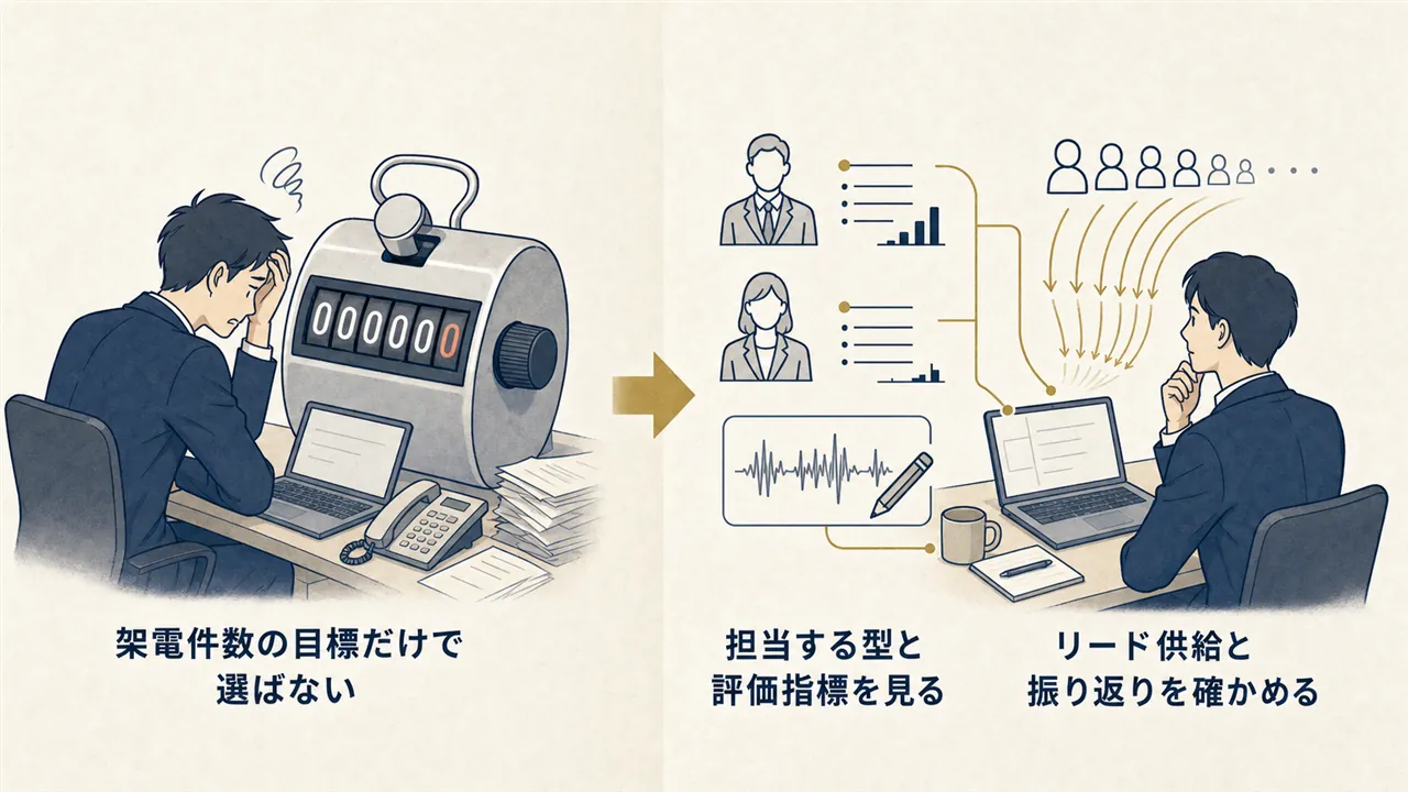 架電件数だけで見る場合と、担当型・評価指標・リード供給まで確かめて選ぶ場合の対比