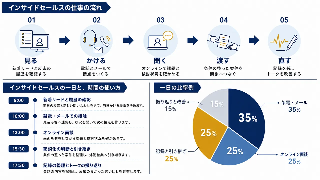 インサイドセールスが行うリードの確認、架電、オンライン面談、記録と改善の流れ