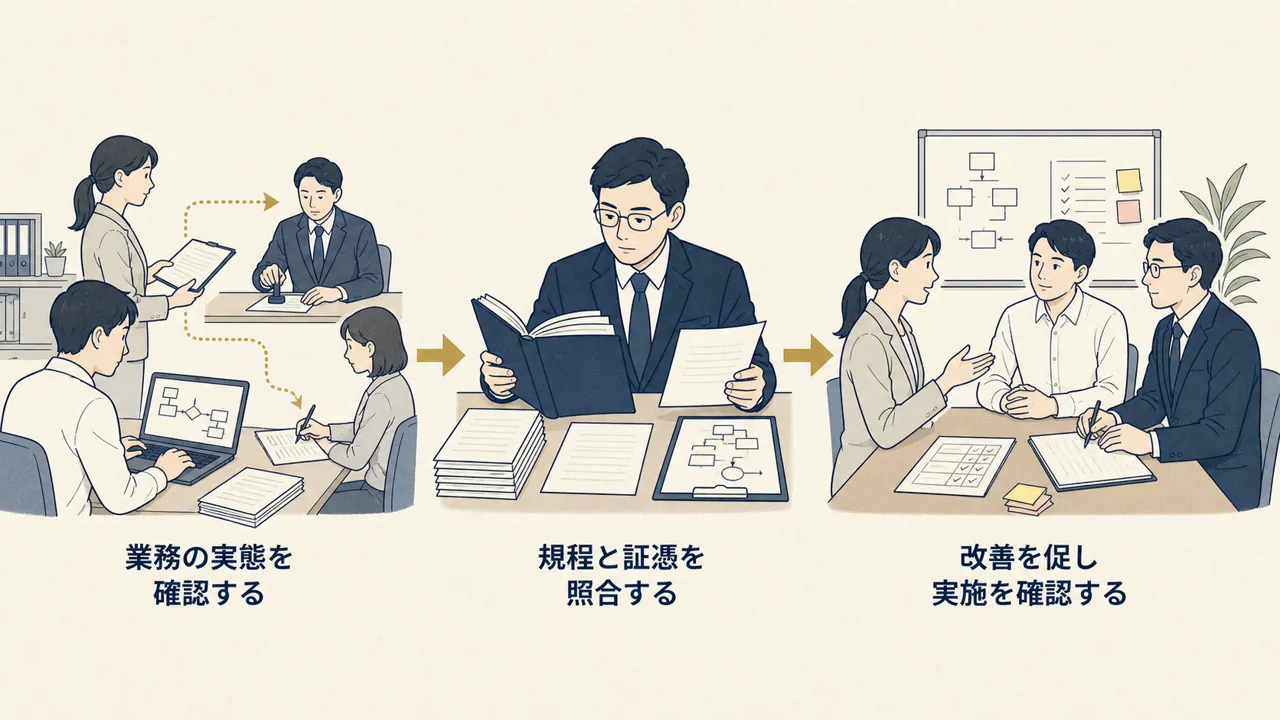 業務の実態確認、規程と証憑の照合、改善フォローまでを担う内部監査の位置を表した図