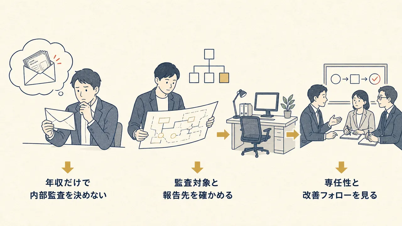 年収だけで選ぶ場合と、監査対象、報告先、専任性、改善フォローまで確認して選ぶ場合の対比