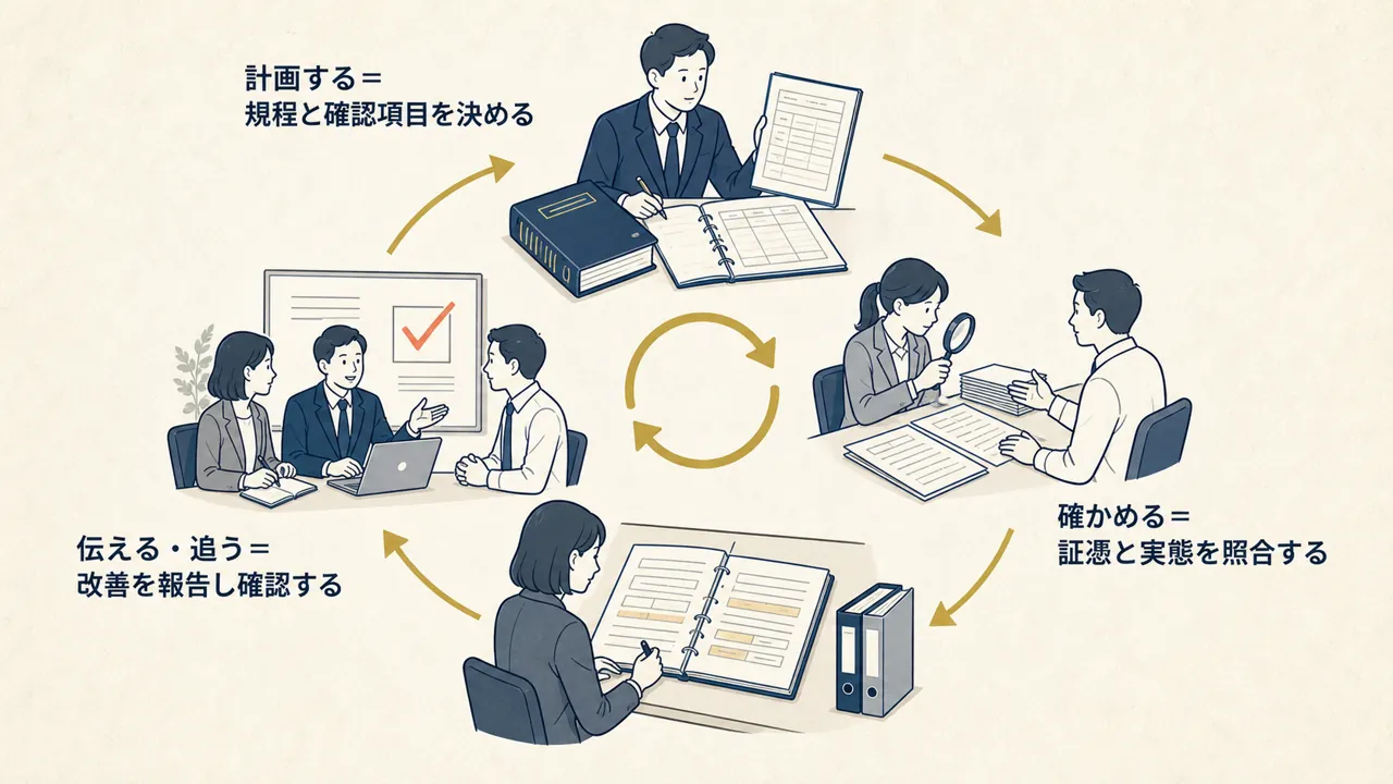 計画、事実確認、指摘の整理、改善フォローを繰り返す内部監査の流れを表した図