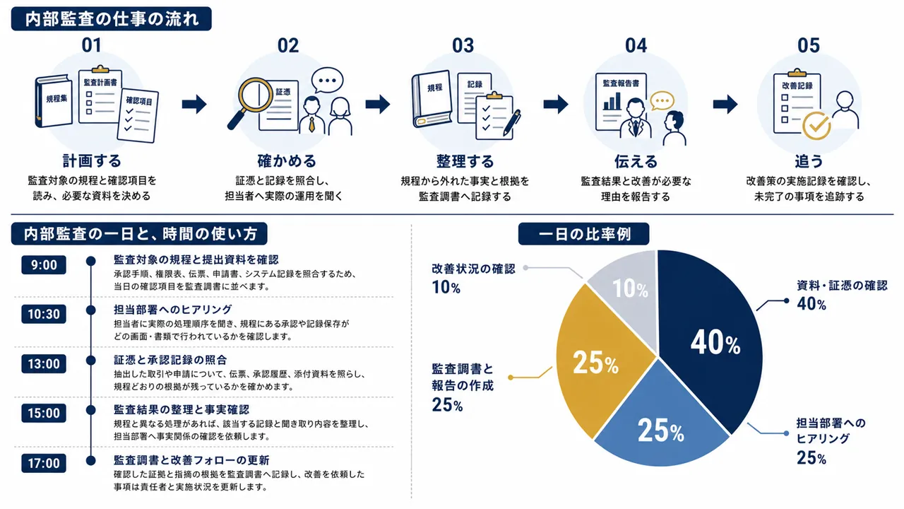 内部監査が行う監査資料の確認、担当部署へのヒアリング、証憑の照合、監査報告の作成、改善状況の確認の流れ