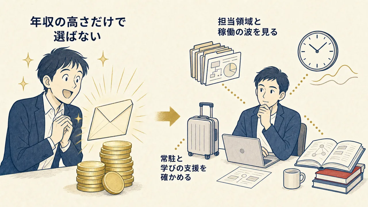 年収だけで選ぶ場合と、領域・稼働・常駐・学びの支援まで確かめて選ぶ場合の対比