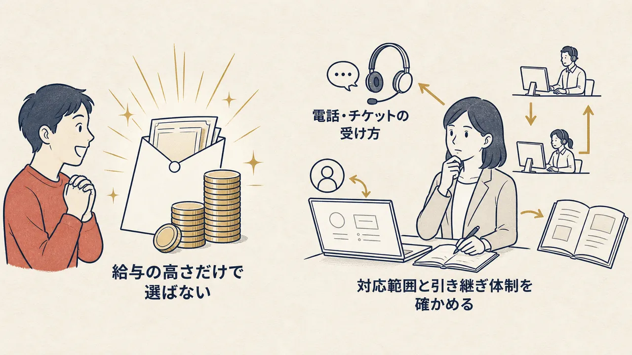 給与だけで選ぶ場合と、問い合わせの受け方・対応範囲・引き継ぎ体制まで確かめて選ぶ場合の対比