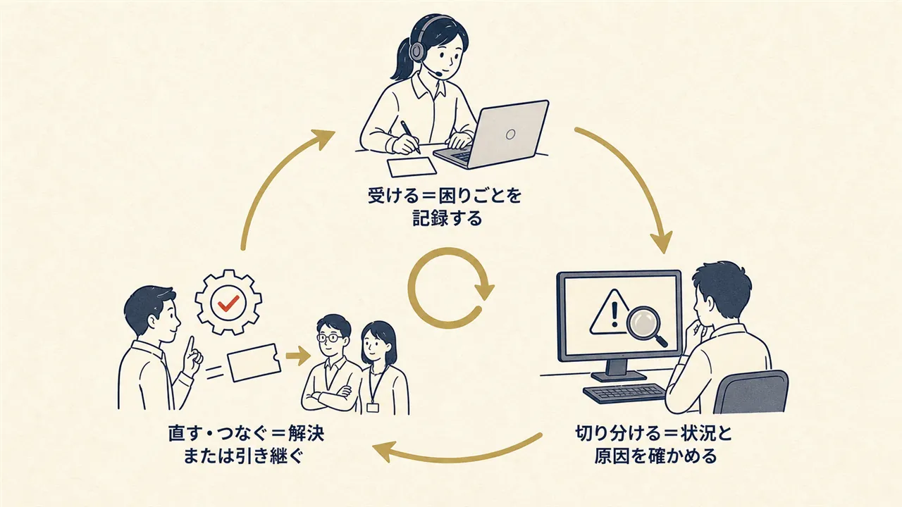 受ける・切り分ける・直す・つなぐで問い合わせ対応が回る流れを表した図
