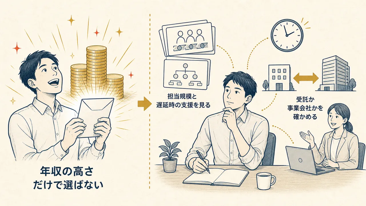 年収だけで選ぶ場合と、担当規模・支援・受託か事業会社かまで確かめて選ぶ場合の対比
