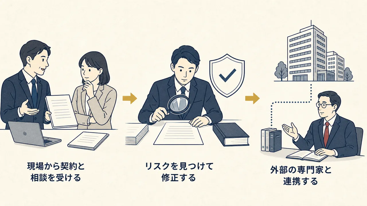 現場からの相談受付、契約審査、外部専門家との連携までの流れ