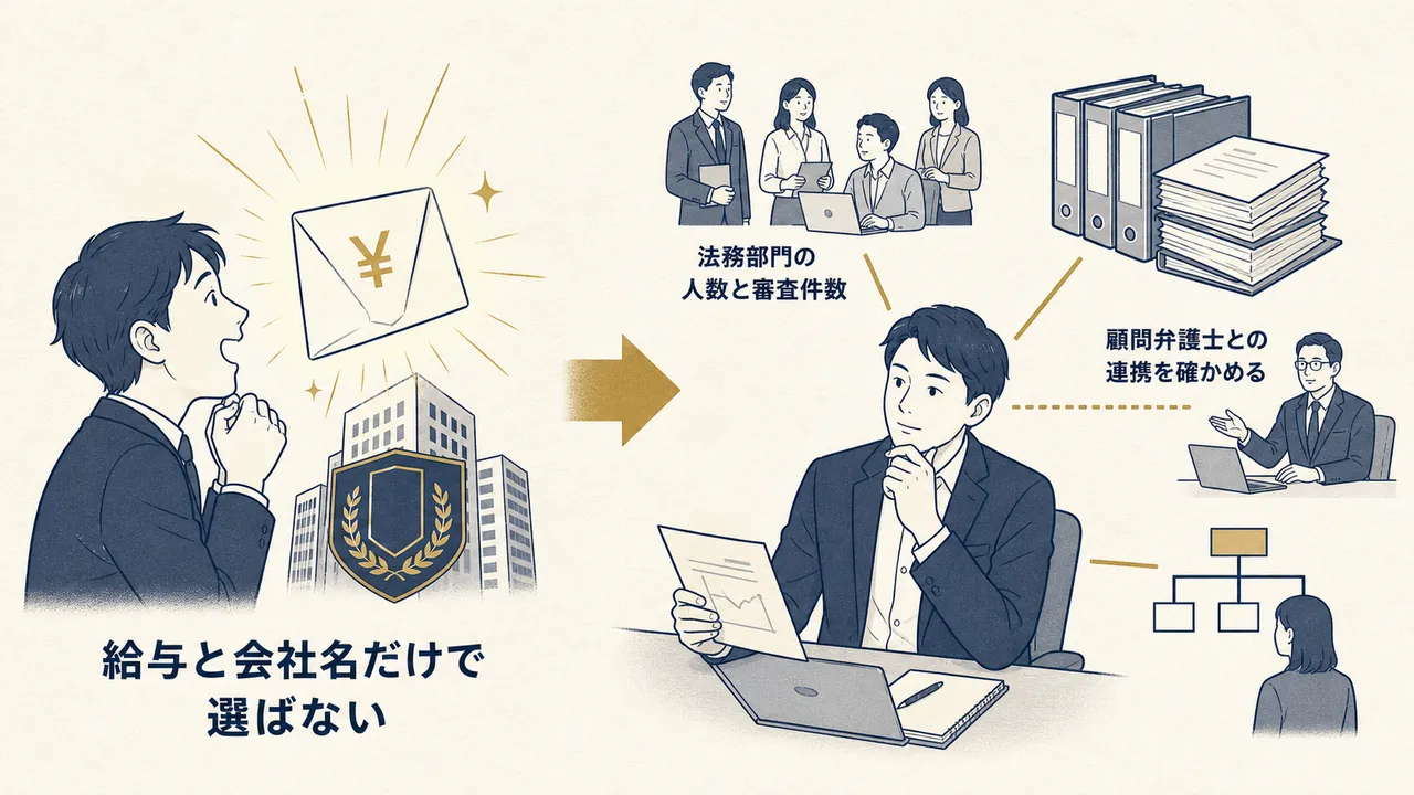 給与だけで選ぶ場合と、部門人数・審査件数・連携体制まで確かめて選ぶ場合の対比