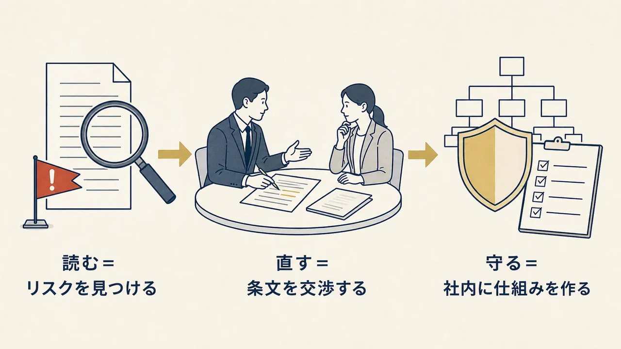 契約書を読む、直す、守るの3段階で法務の仕事を表した図