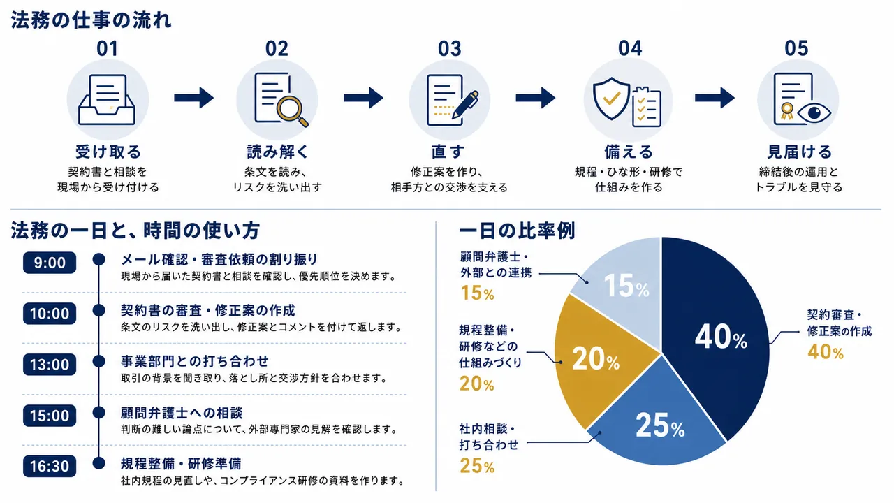 法務担当が行う契約審査、社内相談、打ち合わせ、規程整備の流れ