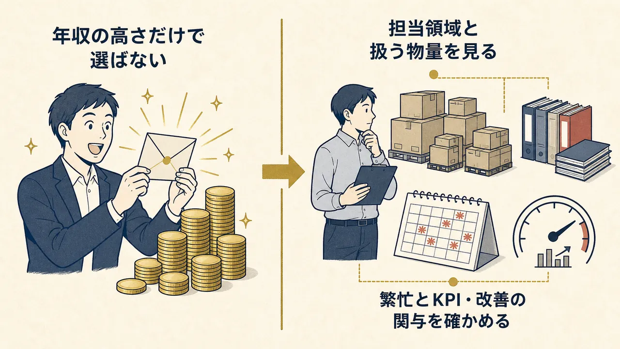 給与だけで選ぶ場合と、役割・繁忙期の体制・自動化まで確かめて選ぶ場合の対比