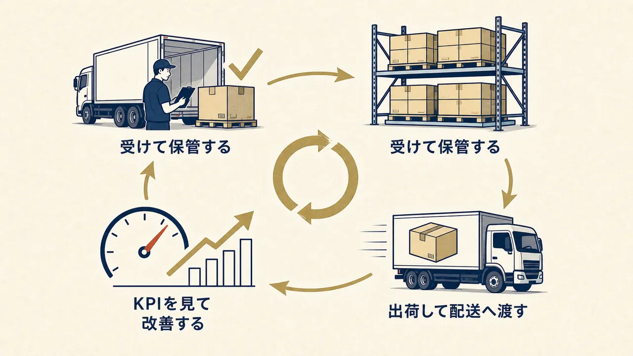 受け入れる・保管する・送り出す・見直すの4段階でモノが流れる循環を表した図