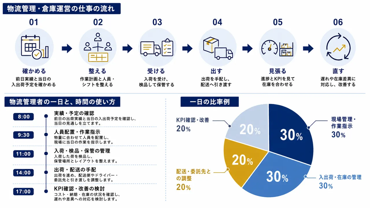 物流管理者が行う朝礼、入荷検品、出荷管理、在庫確認、改善の流れ
