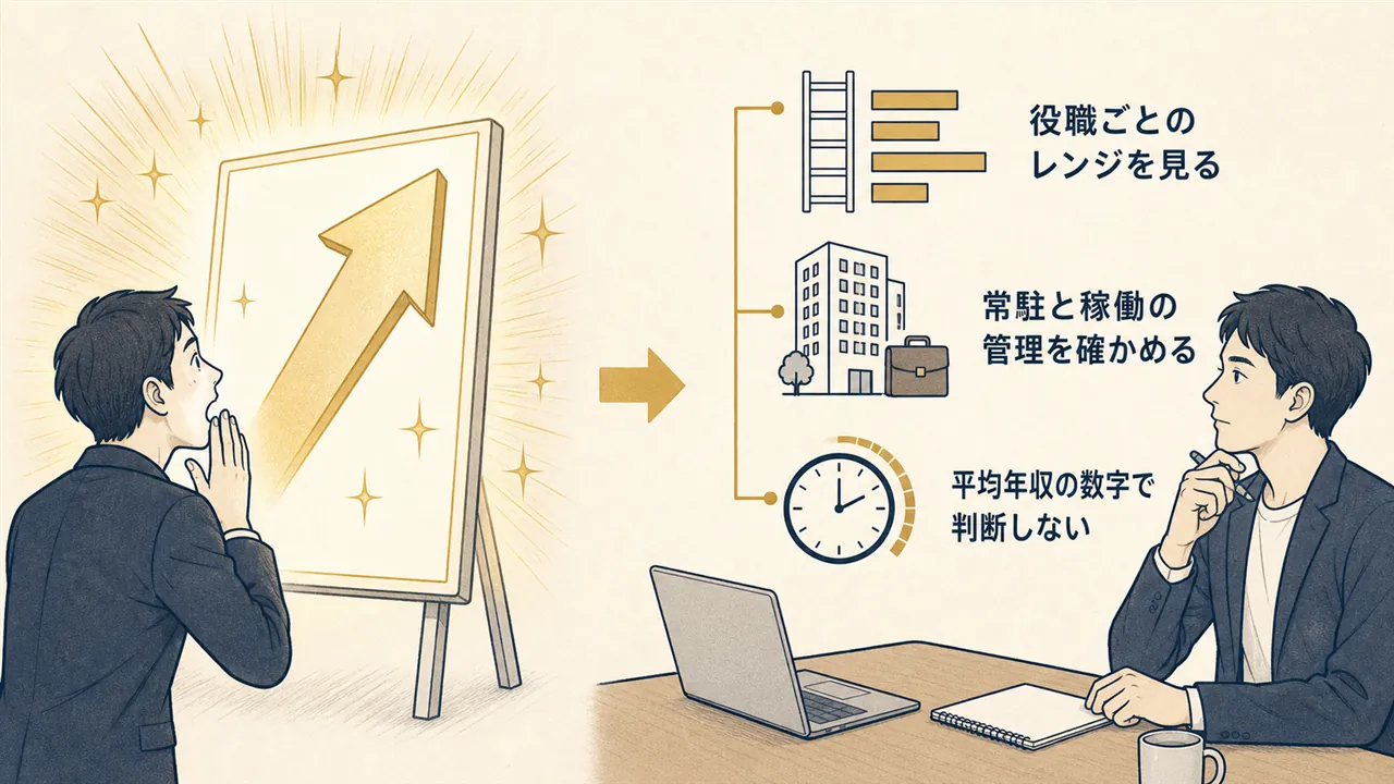 平均年収だけで見る場合と、役職レンジ・常駐・稼働管理まで確かめて選ぶ場合の対比