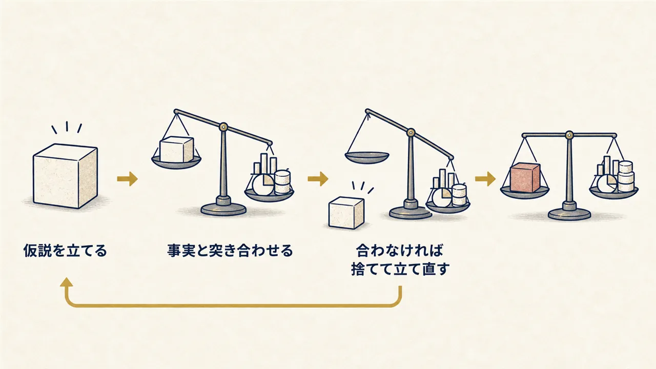 仮説の設定から事実による検証、棄却と再設定までの循環を表した図