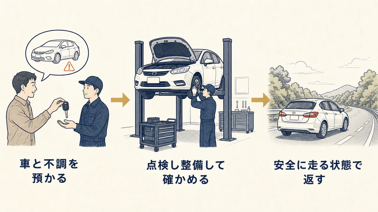 車と不調の受け取りから点検・整備、安全な状態での返却までの流れ