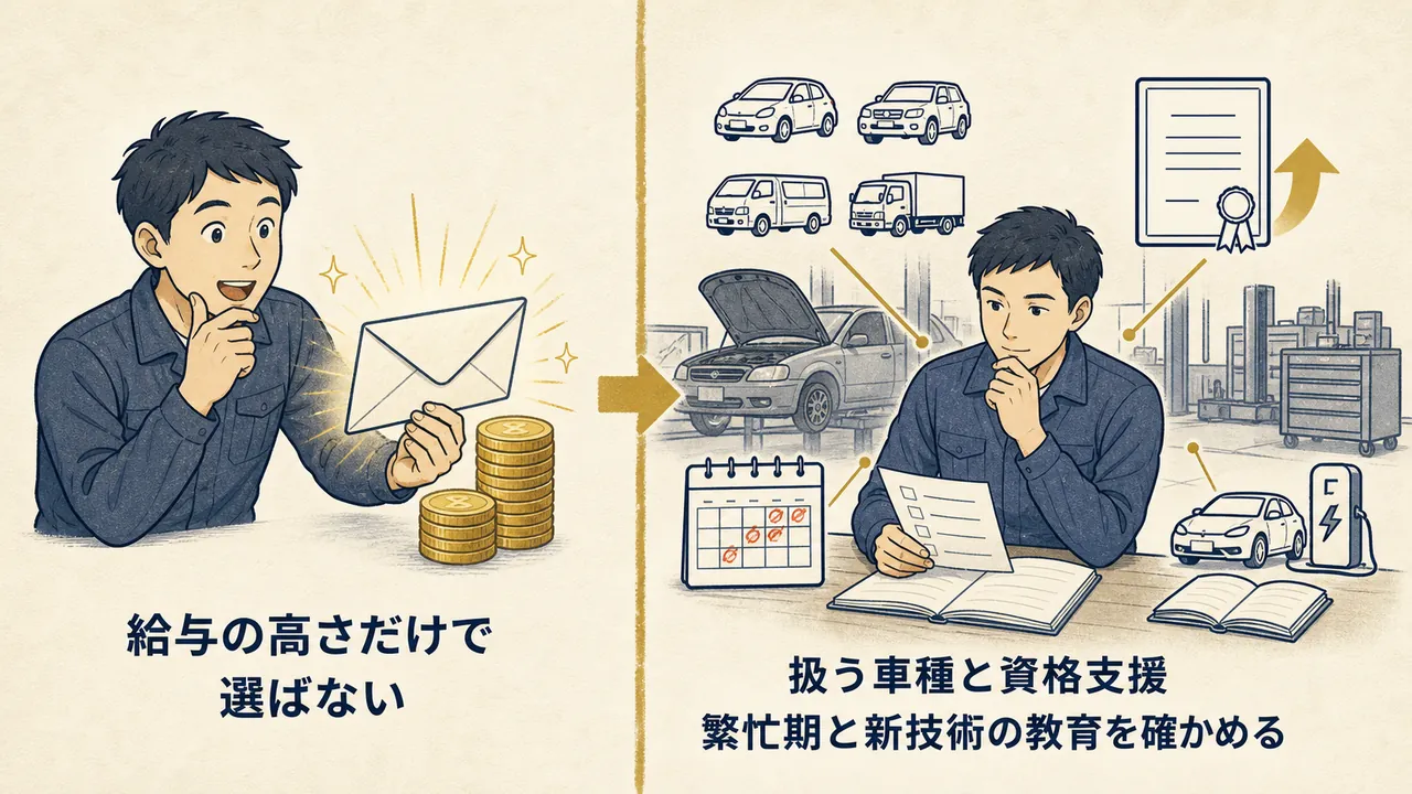 給与だけで選ぶ場合と、扱う車種・資格支援・繁忙期・新技術教育まで確かめて選ぶ場合の対比