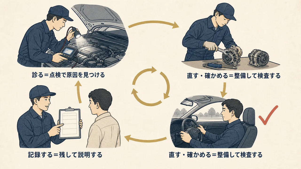 診る・直す・確かめる・記録するで整備が回る流れを表した図