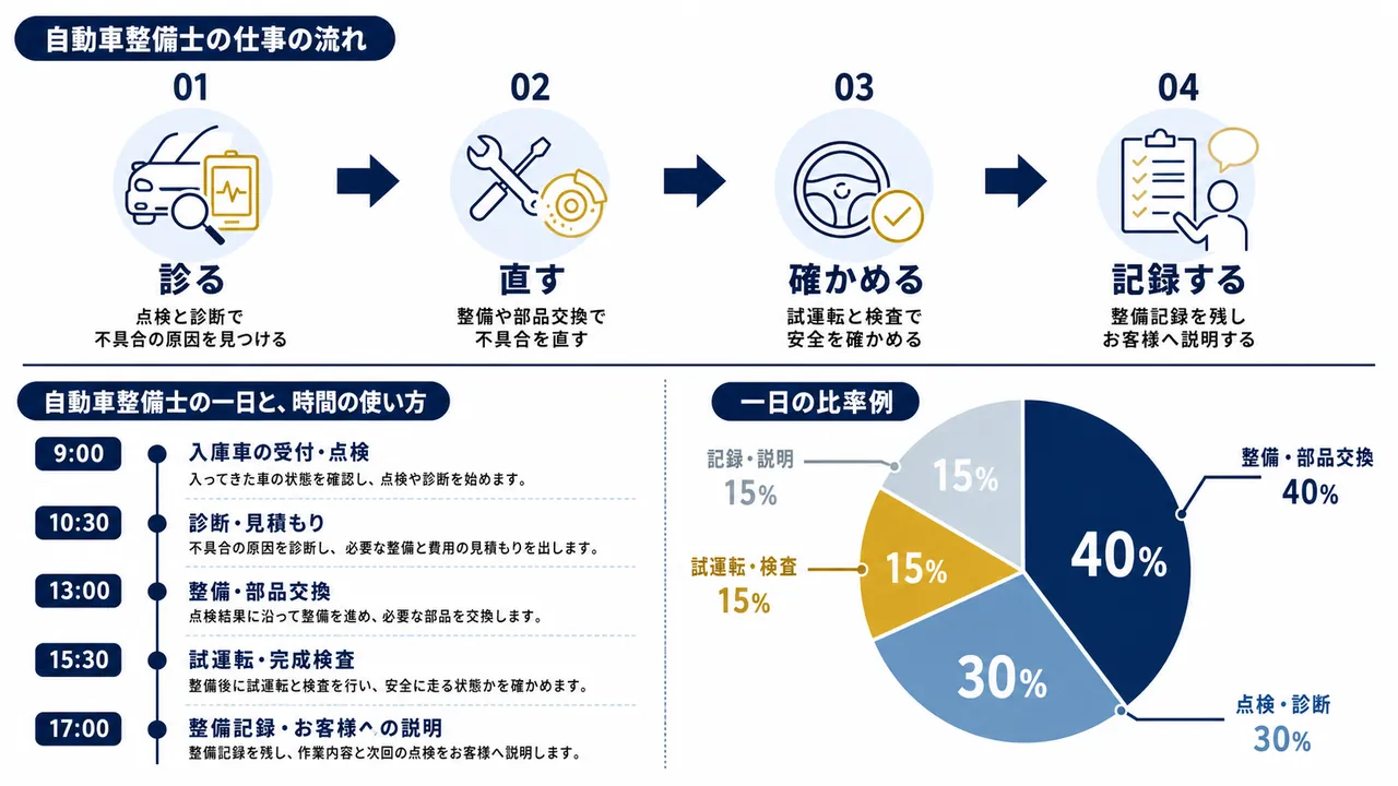 自動車整備士が行う点検・診断、整備・交換、試運転・検査、記録・説明の流れ