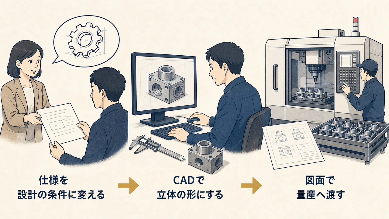 仕様の整理から3D CADでの設計、図面による量産への引き渡しまでの流れ