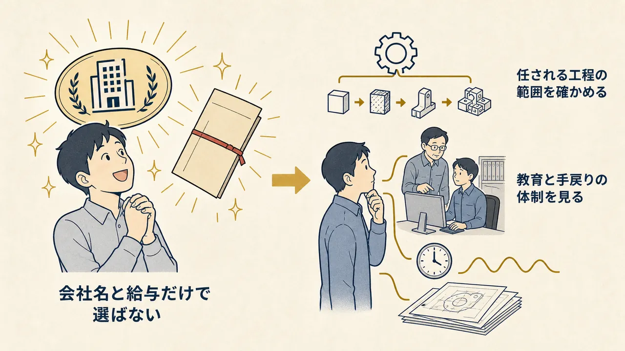 会社名と給与だけで選ぶ場合と、担当工程・教育・手戻りの体制まで確かめて選ぶ場合の対比