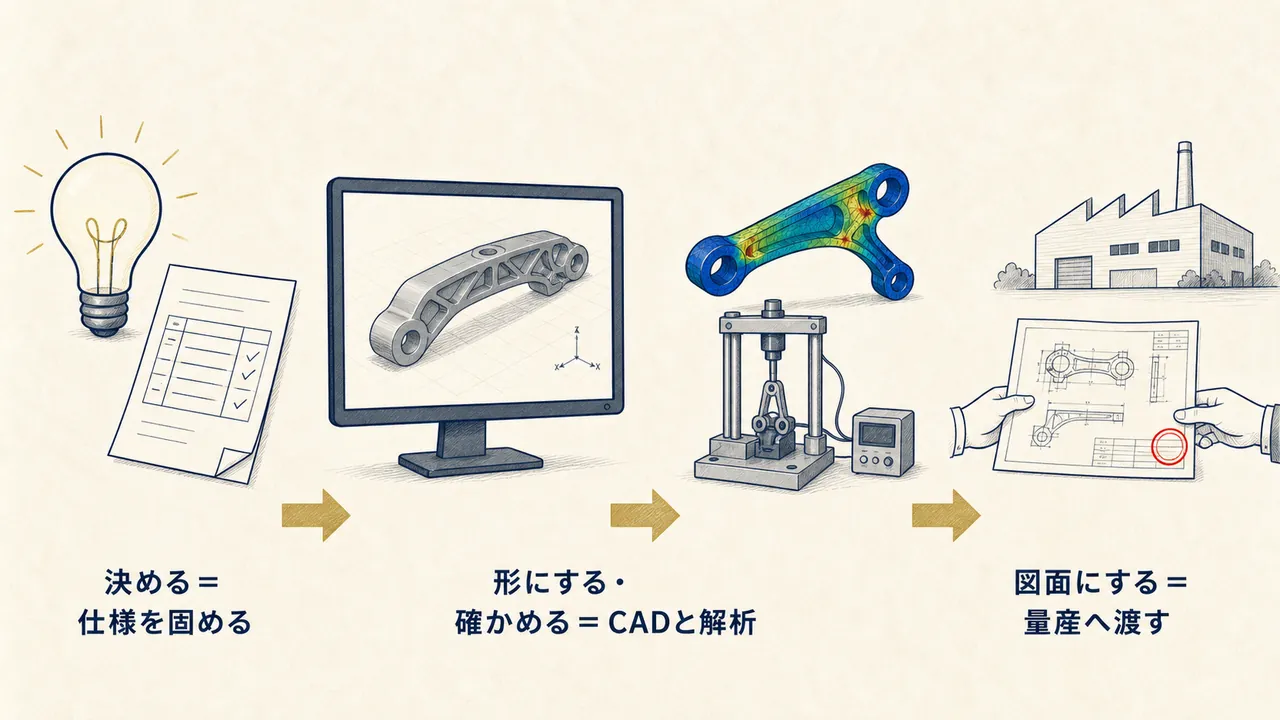 仕様を決め、CADで形にし、解析と試作で確かめ、図面で量産へ渡す4段階の図