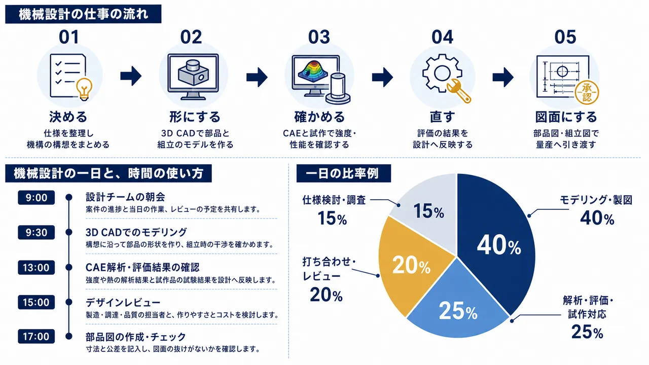 機械設計者が行う朝会、モデリング、解析確認、レビュー、図面作成の流れ