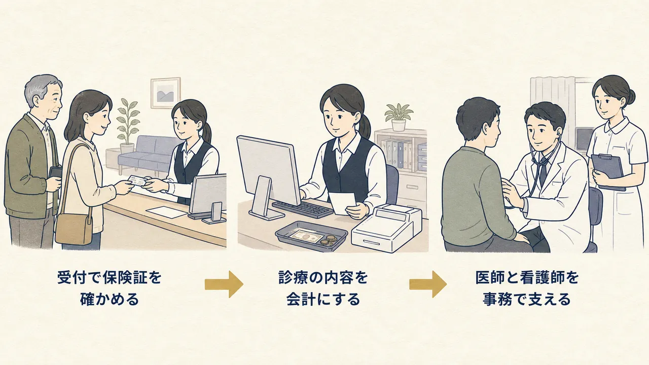 患者の受付から会計、医師・看護師の支援までの流れ
