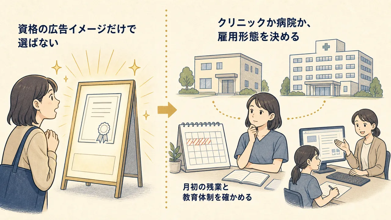 イメージだけで選ぶ場合と、職場の型・繁忙期・教育体制まで確かめて選ぶ場合の対比