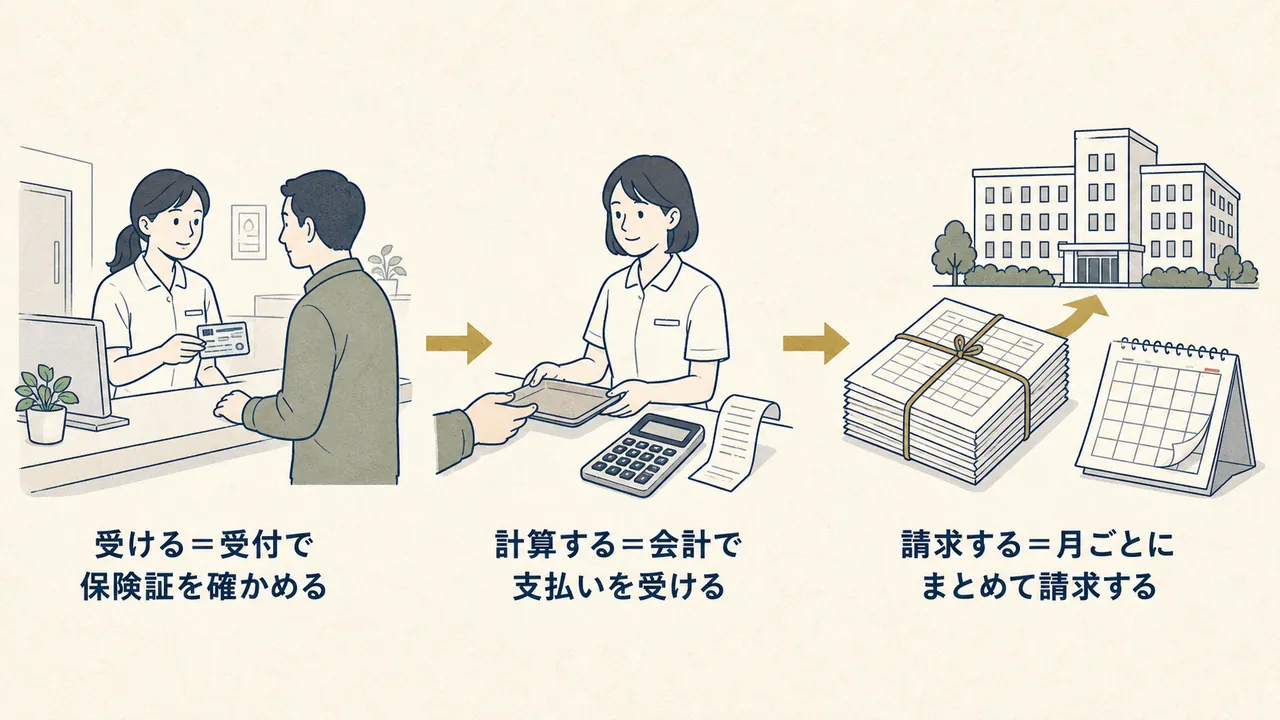 受付・会計から月ごとのレセプト請求までのお金の流れを表した図