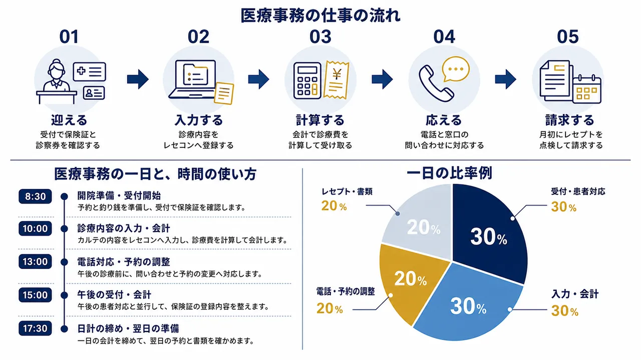 医療事務が行う受付、会計、電話対応、レセプト業務の流れ