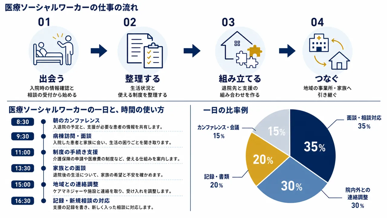 医療ソーシャルワーカーが行うカンファレンス、面談、制度支援、連絡調整、記録の流れ