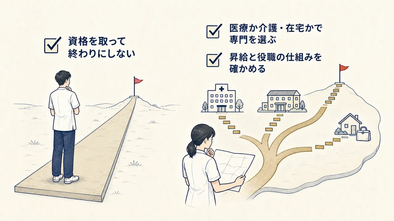 現状のまま待つ場合と、領域と職場の仕組みを比べて選ぶ場合の対比