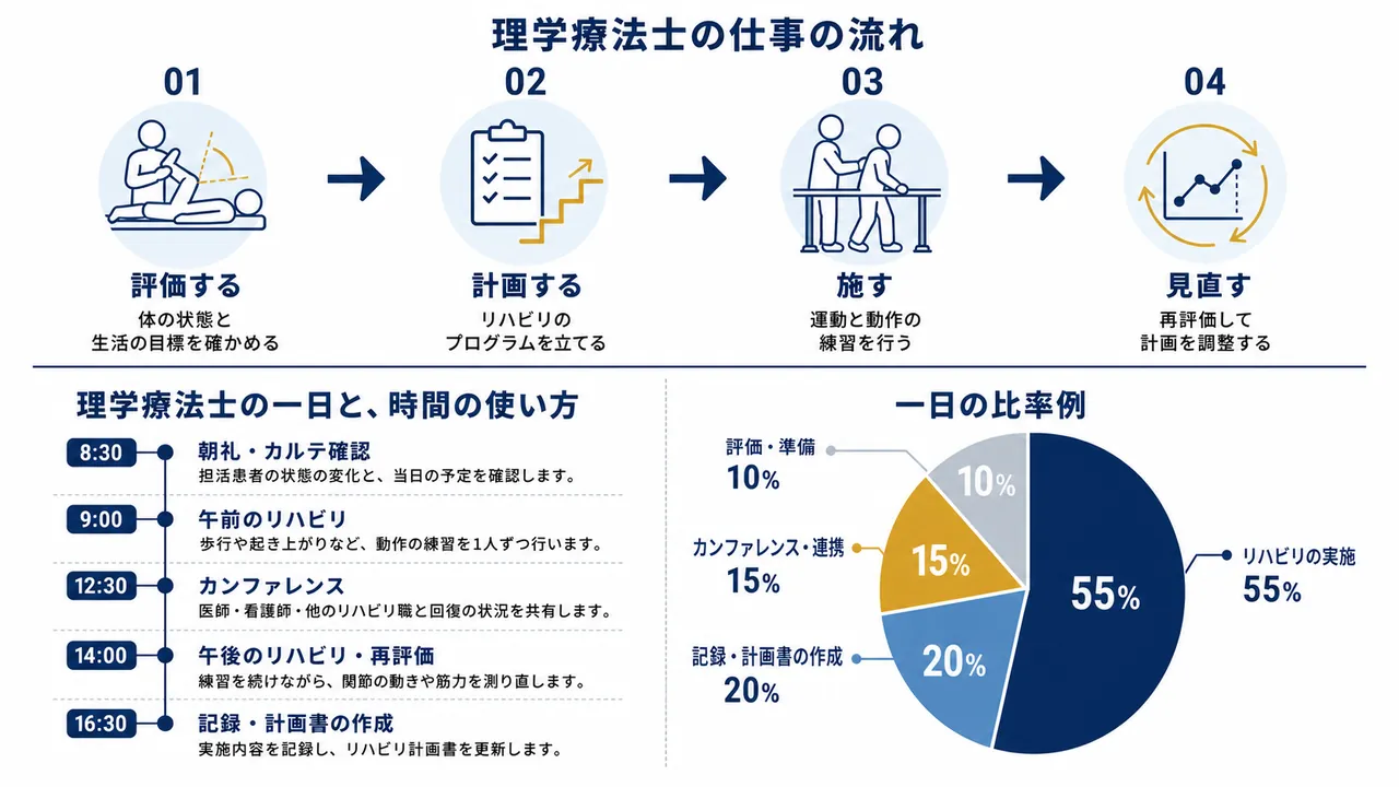 理学療法士が行うカルテ確認、リハビリ、カンファレンス、再評価、記録の流れ