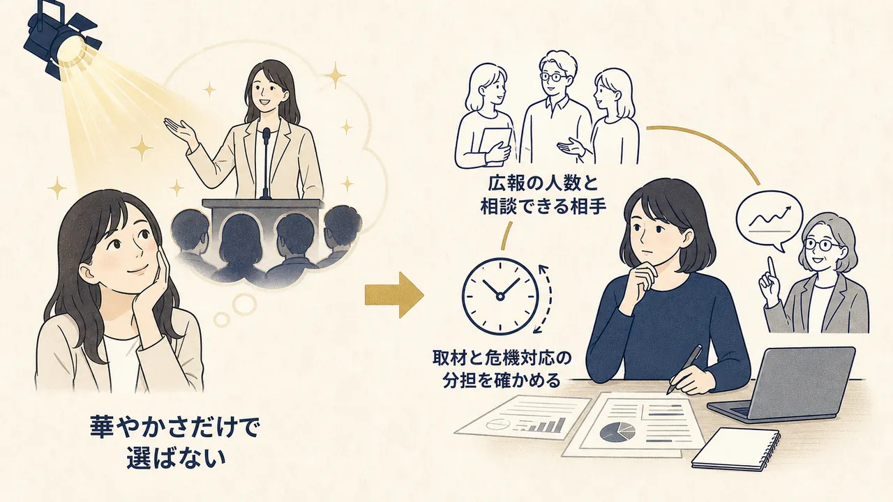 華やかさだけで選ぶ場合と、体制と分担まで確かめて選ぶ場合の対比
