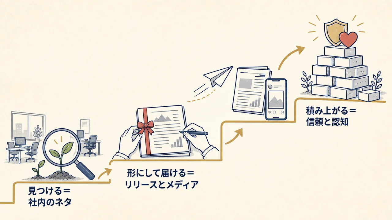 社内のネタが、リリースとなり、メディアを通じて信頼と認知へ積み上がる流れの図