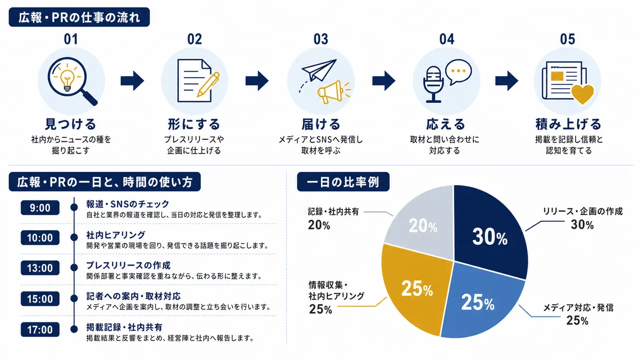 広報担当が行う報道確認、社内ヒアリング、リリース作成、取材対応の流れ