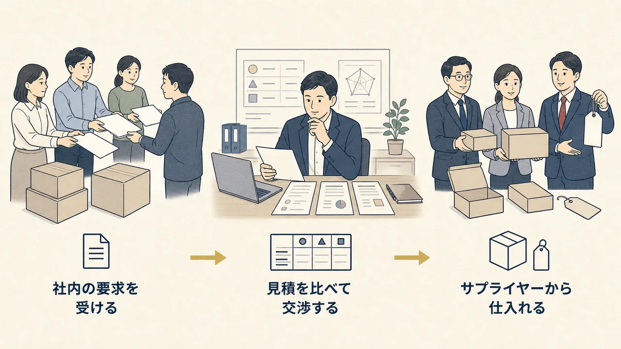 社内の要件の受け取りからサプライヤー選定、安定供給までの流れ