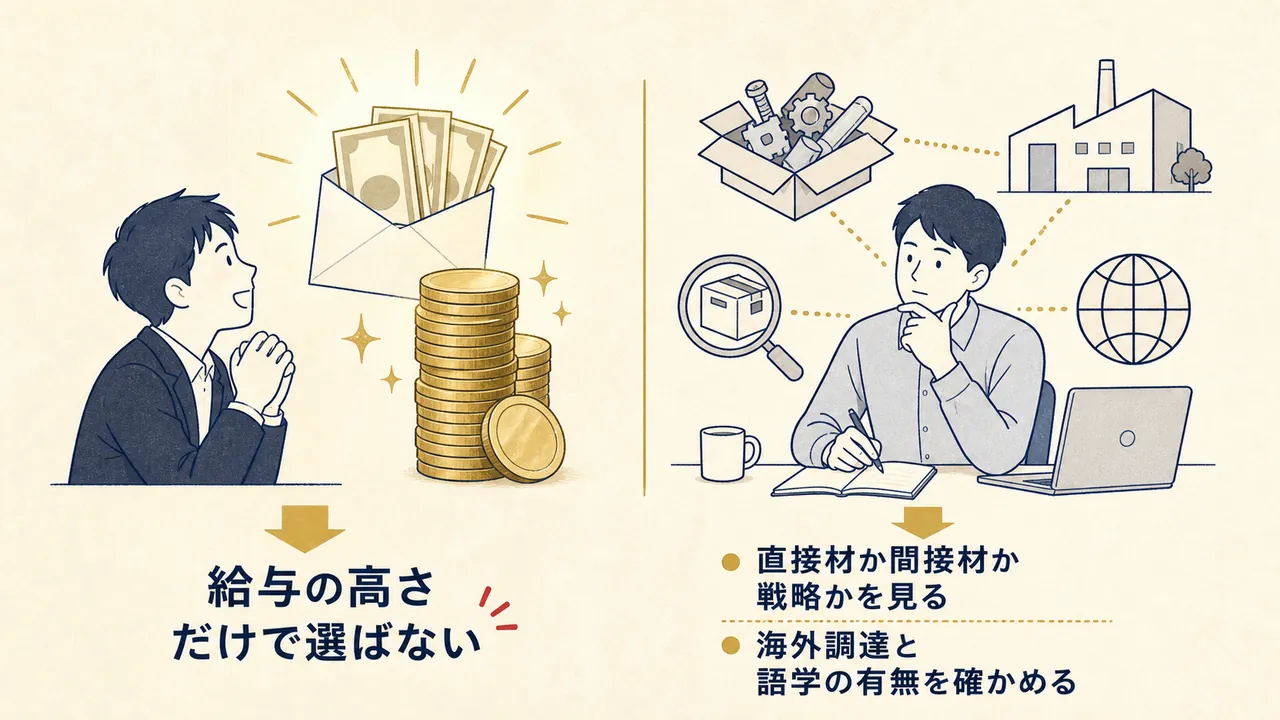 給与だけで選ぶ場合と、担当品目・海外調達・連携・コスト目標まで確かめて選ぶ場合の対比