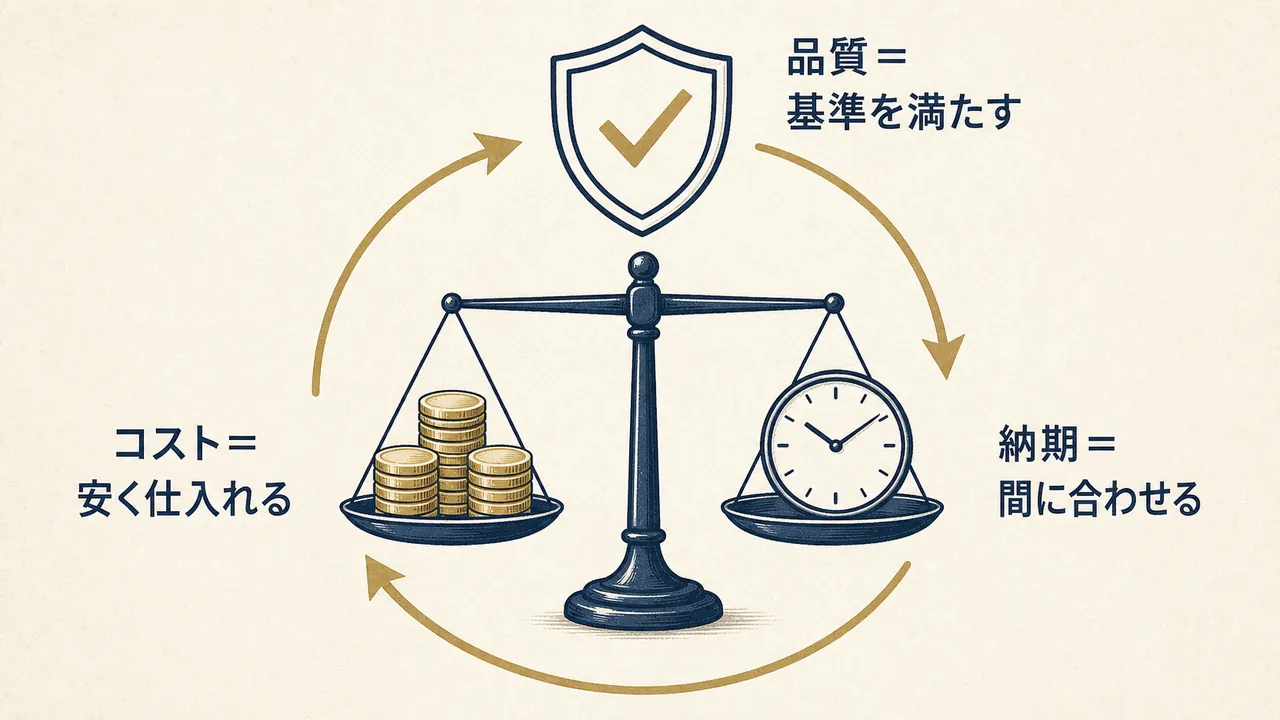 見極める・探す・交渉する・続けるで調達が回る流れを表した図