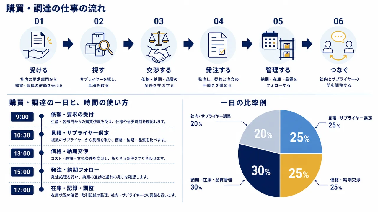 購買・調達が行う納期確認、見積もり比較、社内調整、交渉、発注の流れ