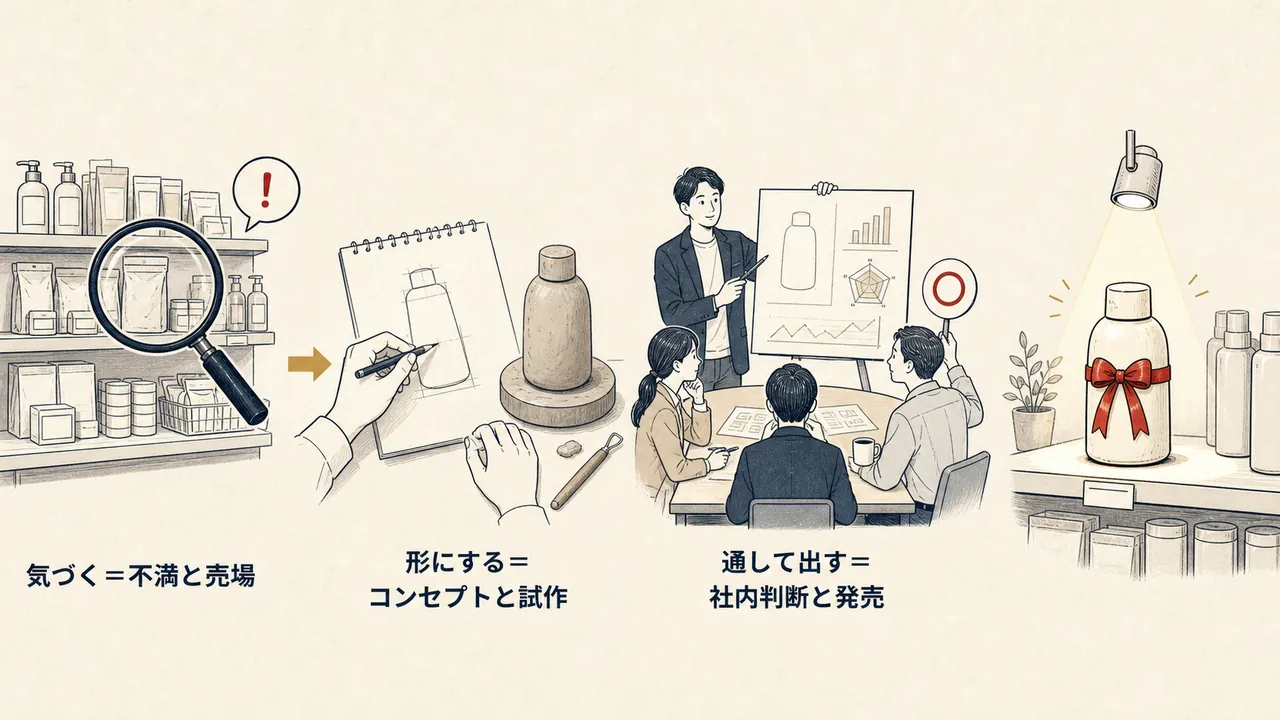 気づく・形にする・通す・世に出すの4段階で商品が生まれる流れを表した図