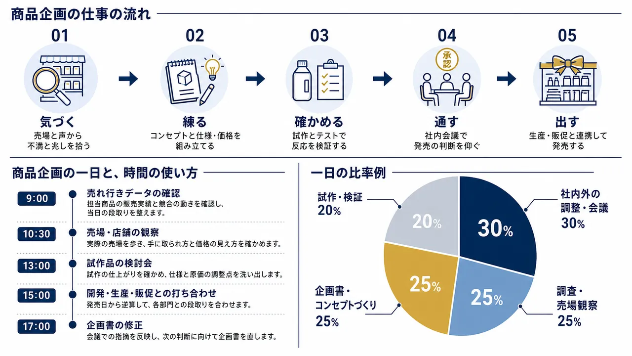 商品企画が行う売れ行き確認、売場観察、試作検討、部門調整の流れ