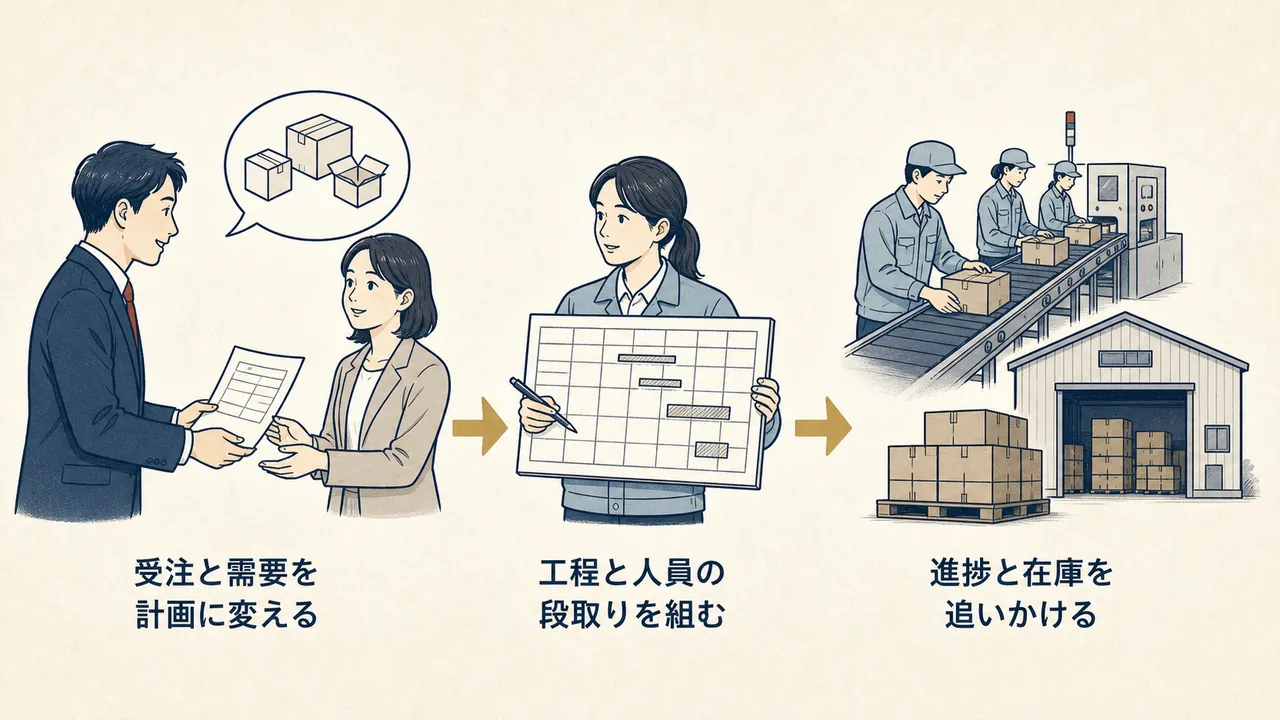 受注の確認から工程の段取り、進捗と在庫の管理までの流れ