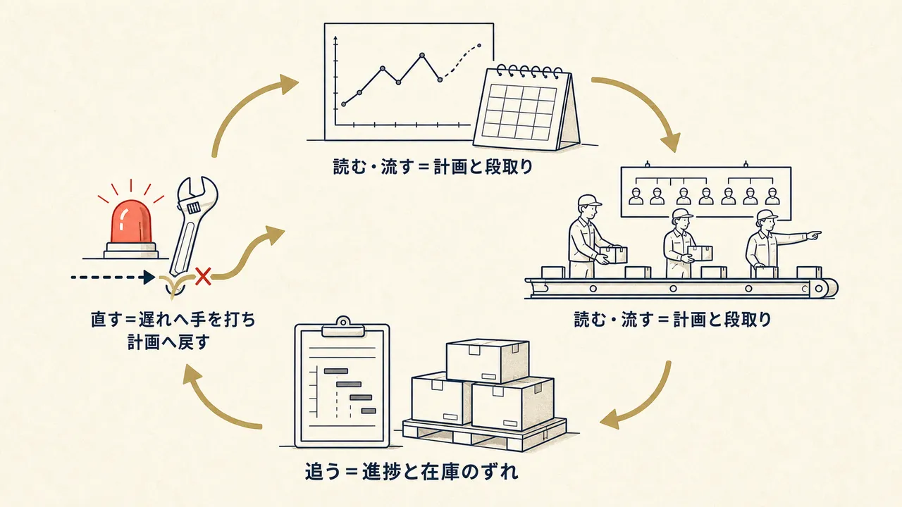 需要を読み、工程を流し、進捗と在庫を追い、遅れを直す4段階の循環図