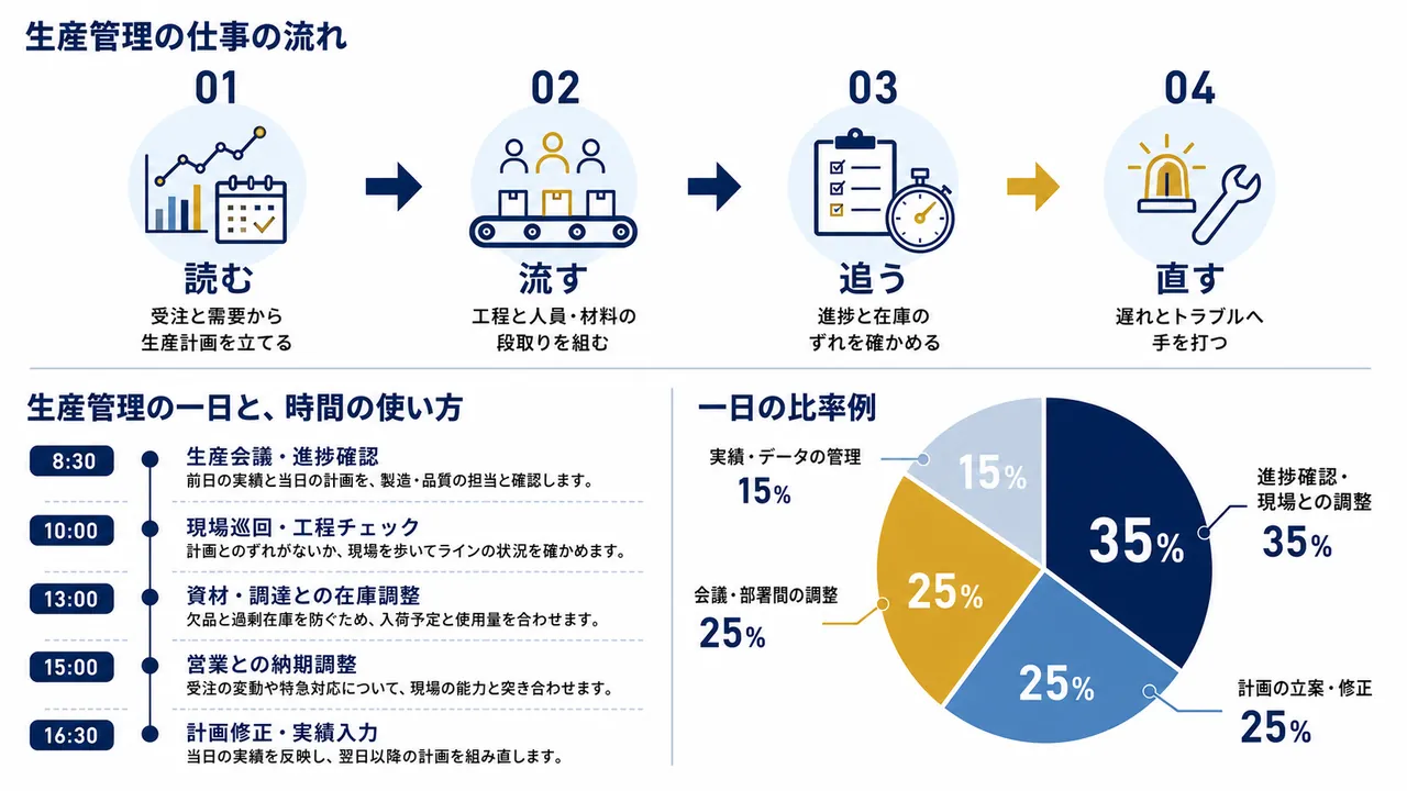 生産管理が行う生産会議、進捗確認、在庫調整、納期調整、計画修正の流れ