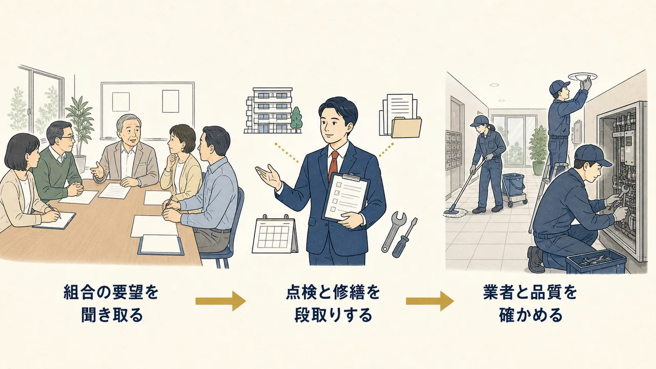 管理組合の要望の聞き取りから業者手配、品質確認までの流れ